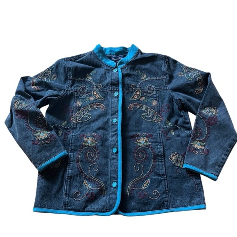 Denim  Co Womens Embroidered Denim Jacket   Lined Large Unique